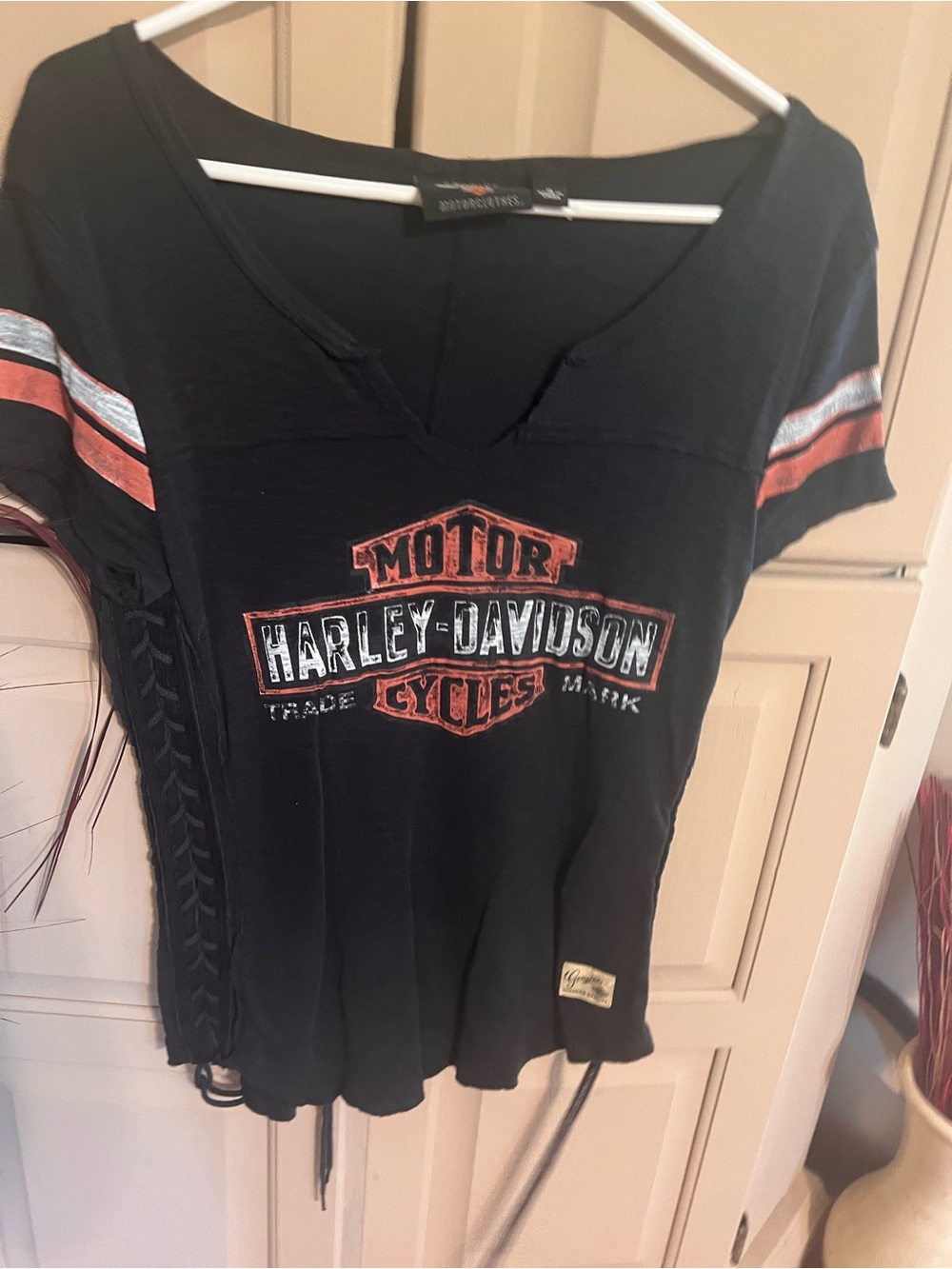 Harley-Davidson Black V-Neck Tee with Orange and White Logo